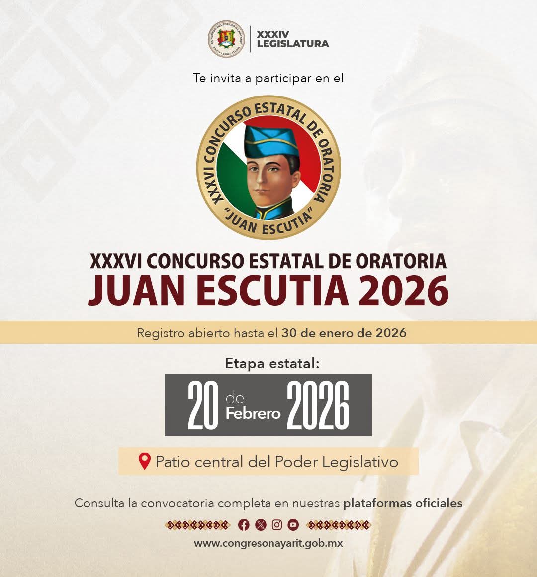 9 de diciembre ¡Haz que tu voz llegue lejos! Participa en el Concurso Estatal de Oratoria Juan Escutia 2026. Más información en: www.congresonayarit